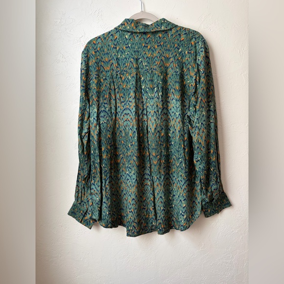 LIVERPOOL NWT Ikat Print Blouse Green/Orange Long Sleeve Button Front Blouse XL - Picture 6 of 8